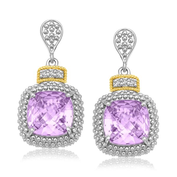 18k Yellow Gold &amp; Sterling Silver Cushion Amethyst &amp; Diamond Earrings (.05cttw) - J