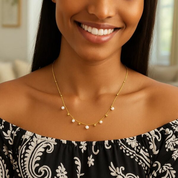 14K Yellow Gold Pearl and Scattered Bead Necklace - alternate view 4