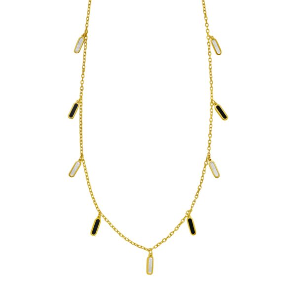 14K Yellow Gold Onyx And MOP Inlay Station Necklace