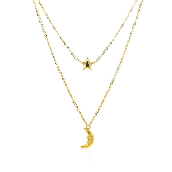 14k Yellow Gold Double-Strand Chain Necklace with Puff Moon and Star - alternate view 2