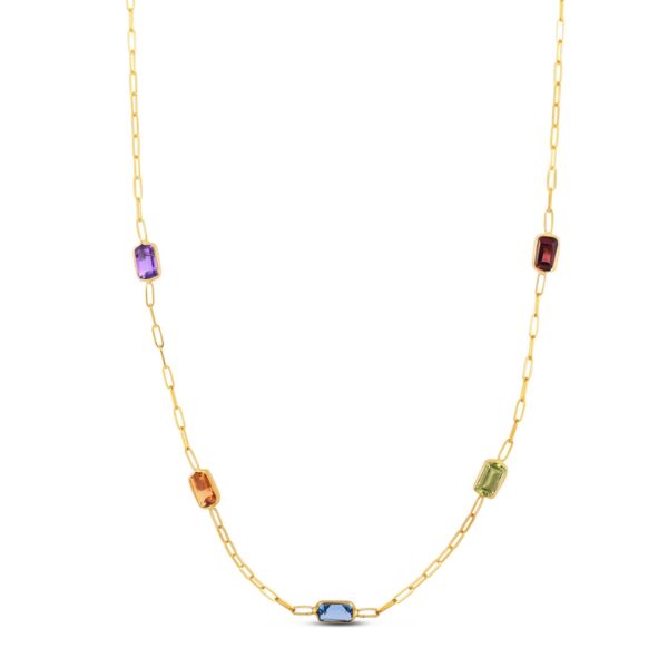 14K Yellow Gold Multi Gemstone Paperclip Necklace (1.50 mm)