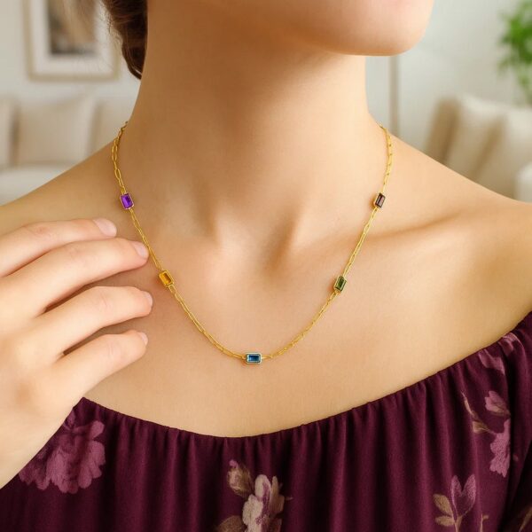 14K Yellow Gold Multi Gemstone Paperclip Necklace (1.50 mm) - alternate view 5