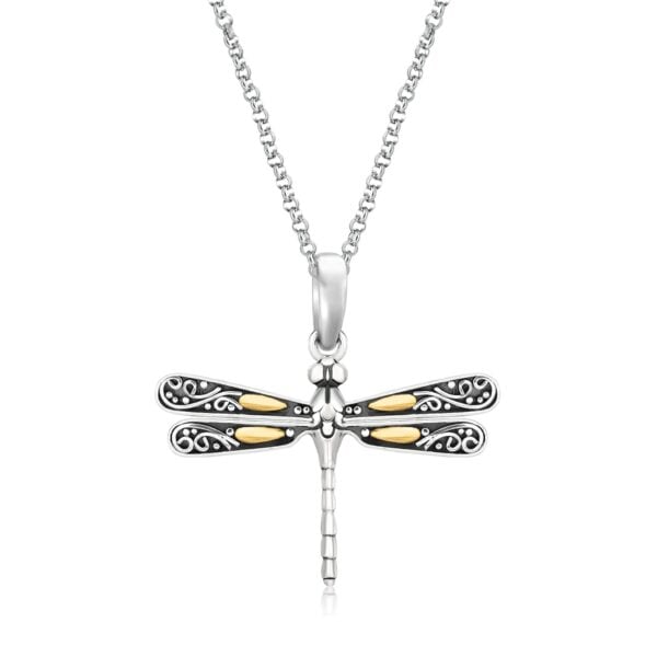 18k Yellow Gold and Sterling Silver Pendant in a Dragonfly Design - Yellow Gold & Sterling Silver