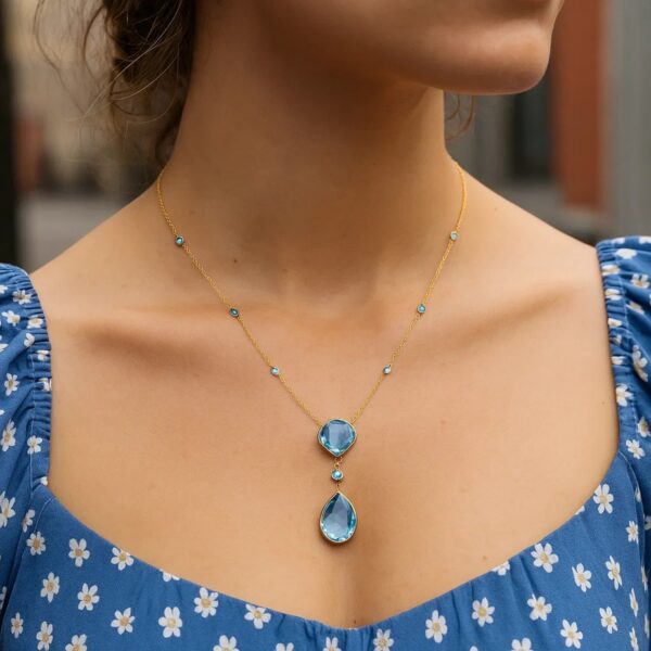 14k Yellow Gold Necklace with Pear-Shaped and Cushion Blue Topaz Briolettes - alternate view 3