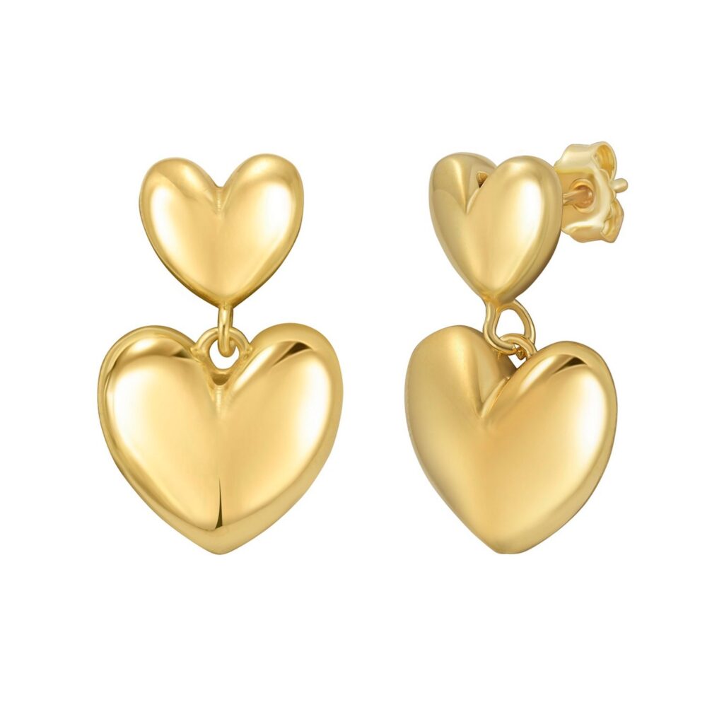 Sterling Silver Yellow Gold Plated Puffed Double Heart Drop Earrings
