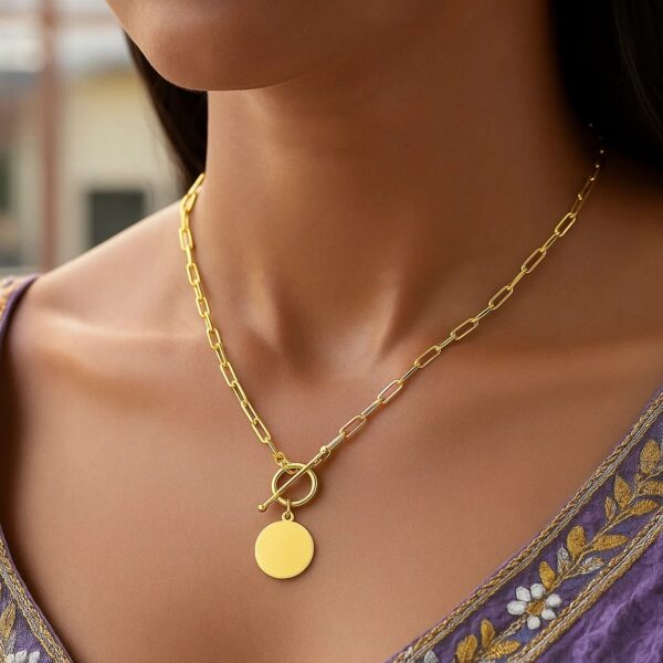 14k Yellow Gold Paperclip Chain Necklace with Circle Pendant - alternate view 3