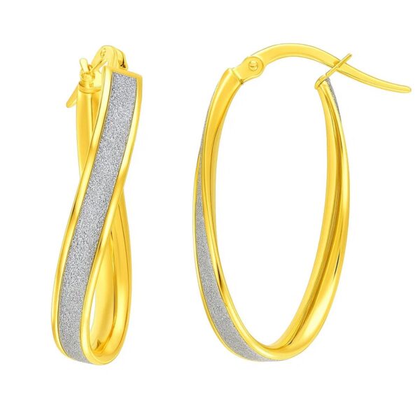14k Two-Tone Gold Oval Hoop Twist Glittery Earrings