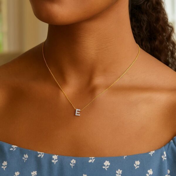 14K Yellow Gold Mini Diamond E Initial Pendant Necklace - alternate view 5