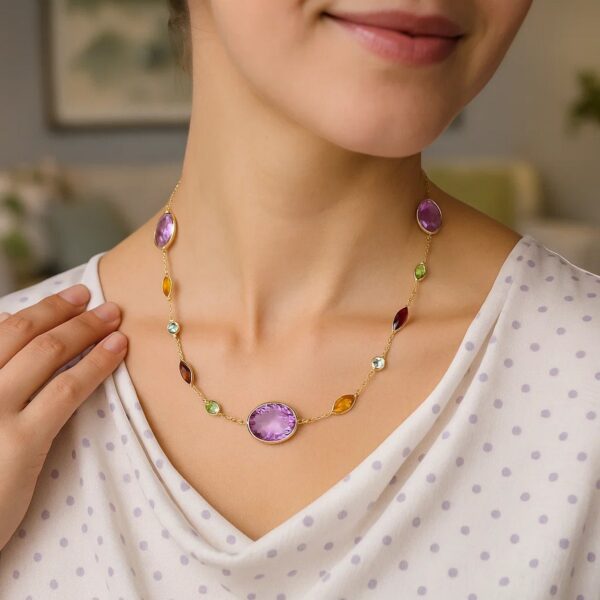14k Yellow Gold Necklace with Multi-Colored Stones - alternate view 2