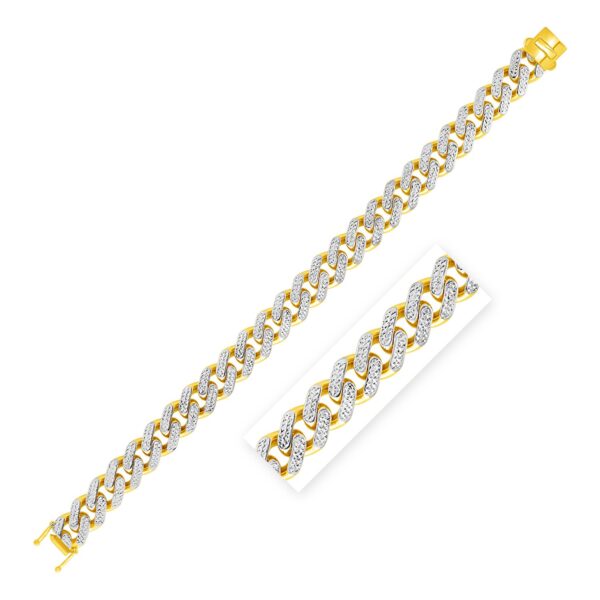 14k Two Tone Gold 8 1/2 inch Curb Chain Bracelet with White Pave (11.50 mm) - Two-Tone Gold