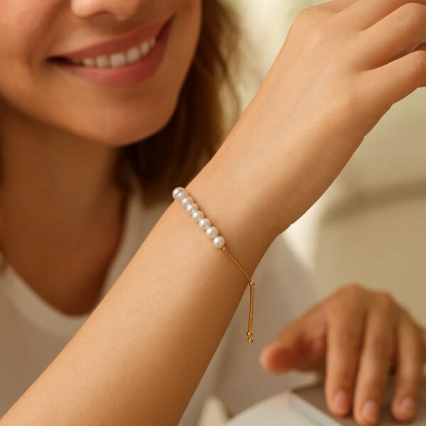 14k Yellow Gold Adjustable Friendship Bracelet with Pearls - alternate view 2
