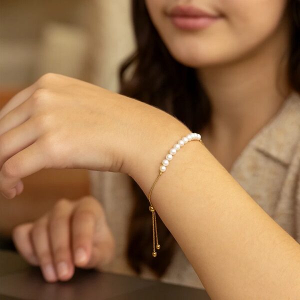 14k Yellow Gold Adjustable Friendship Bracelet with Pearls - alternate view 3