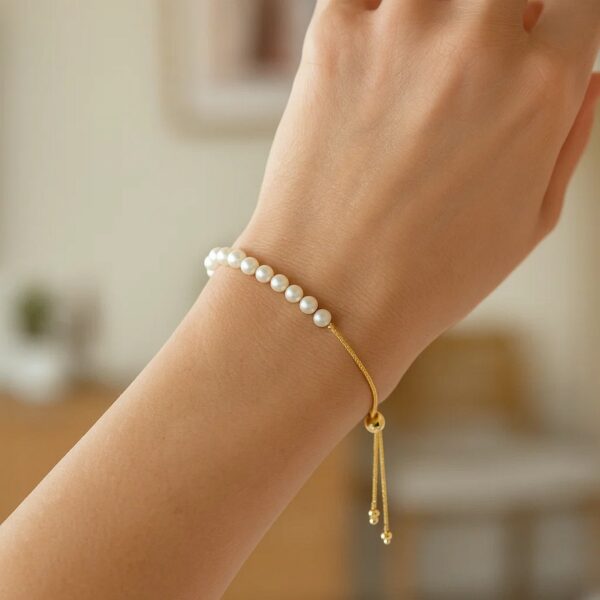 14k Yellow Gold Adjustable Friendship Bracelet with Pearls - alternate view 4