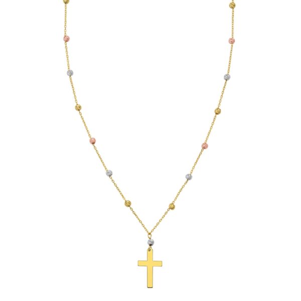 14K Tri Color Gold Beaded Cross Necklace - Tri-Color Gold