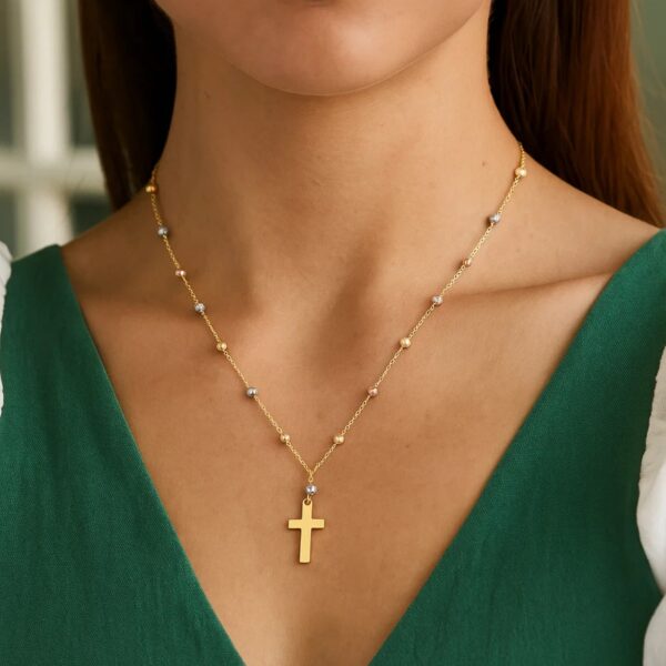 14K Tri Color Gold Beaded Cross Necklace - Tri-Color Gold - alternate view 3