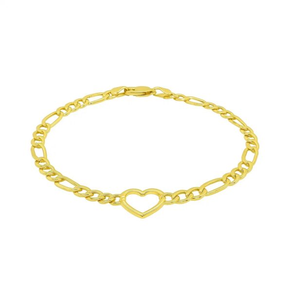 14k Yellow Gold 7 inch Figaro Chain Bracelet with Heart (4.50 mm) - alternate view 2