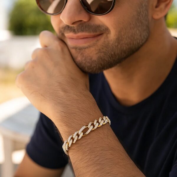 14k Yellow Gold White Pave High Polish Modern Lite Figaro Bracelet (9.50 mm) - Two-Tone Gold - alternate view 2