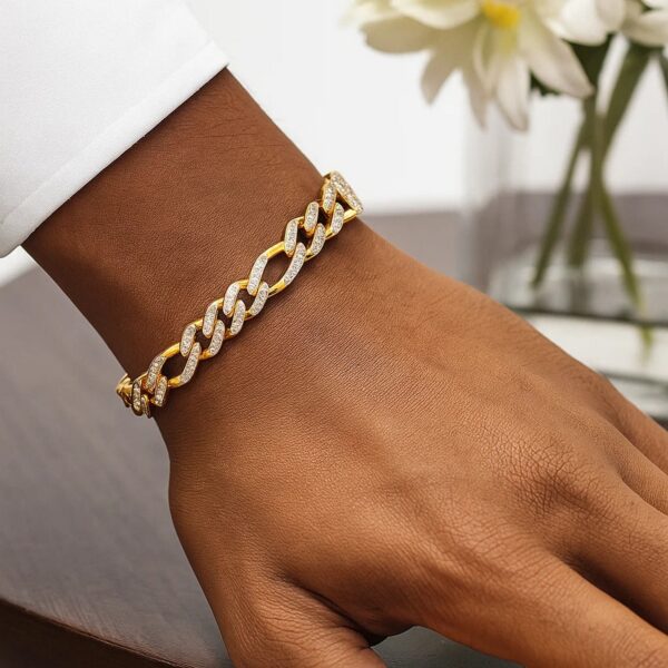 14k Yellow Gold White Pave High Polish Modern Lite Figaro Bracelet (9.50 mm) - Two-Tone Gold - alternate view 3