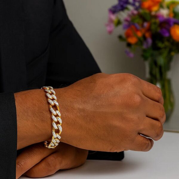 14k Yellow Gold White Pave High Polish Modern Lite Figaro Bracelet (9.50 mm) - Two-Tone Gold - alternate view 4