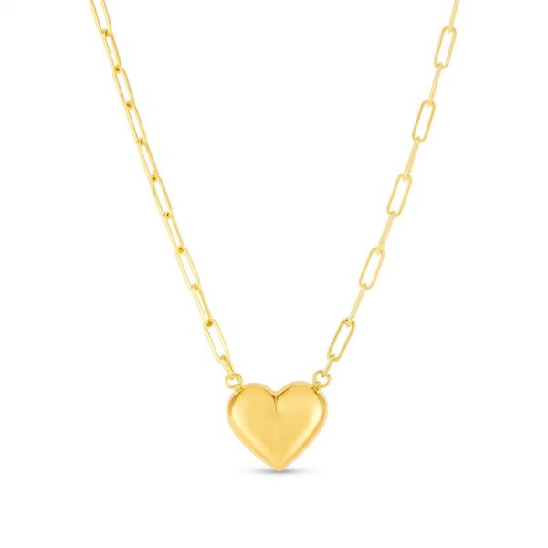 14k Yellow Gold Paperclip Chain Necklace with Puffed Heart - alternate view 2