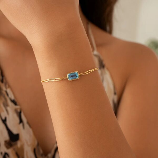 14K Yellow Gold Blue Topaz Paperclip Bracelet (1.50 mm) - alternate view 3