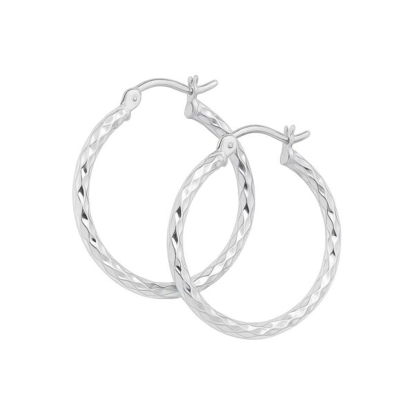 14k White Gold Diamond Cut Hoop Earrings (2x25mm) - alternate view 2