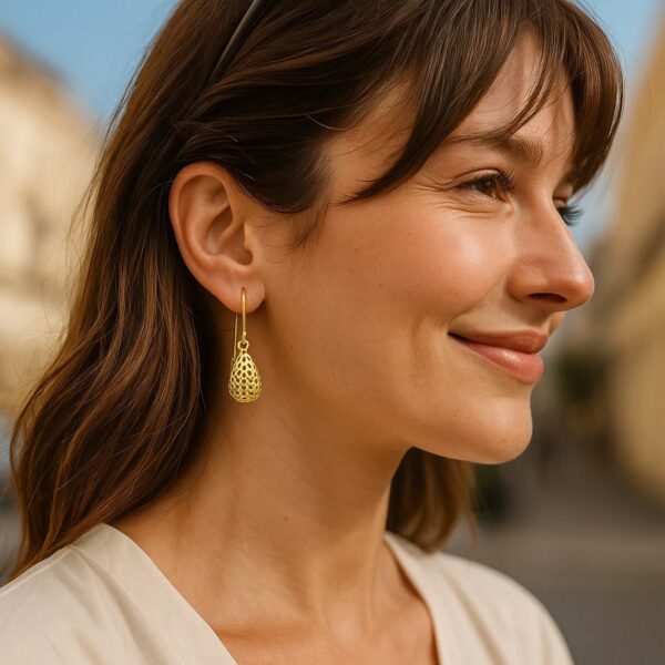 14k Yellow Gold Teardrop Drop Earrings with Honeycomb Texture - alternate view 3