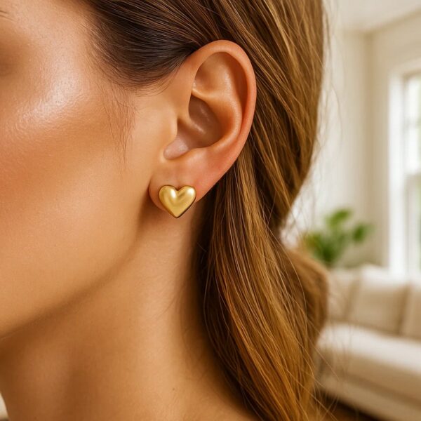 14K Yellow Gold Puffed Heart Stud Earrings - alternate view 2