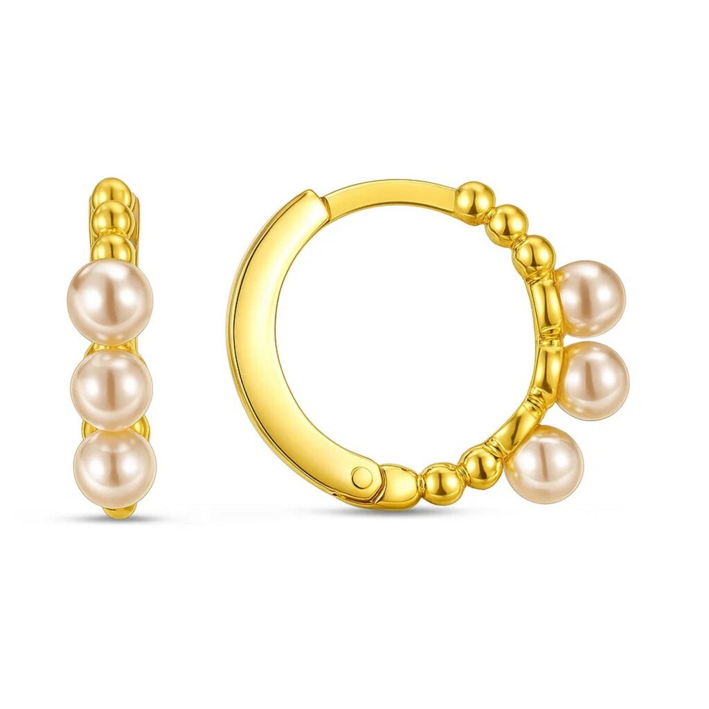 14k Yellow Gold Pearl Huggie Earrings
