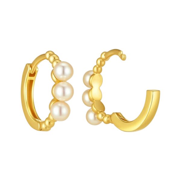 14k Yellow Gold Pearl Huggie Earrings - alternate view 2