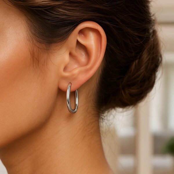 Sterling Silver Rhodium Plated Polished Look Hoop Earrings (3x25mm) - alternate view 2