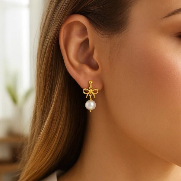 14K Yellow Gold Bow and Freshwater Pearl Drop Earrings - alternate view 2