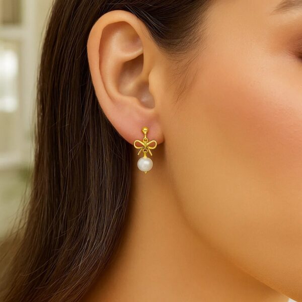 14K Yellow Gold Bow and Freshwater Pearl Drop Earrings - alternate view 3