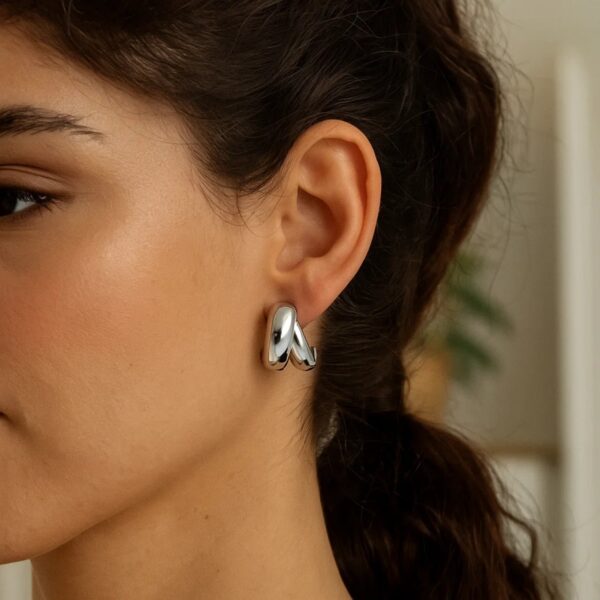 Sterling Silver Puffed Double Row Crossover C Hoop Earrings - alternate view 4