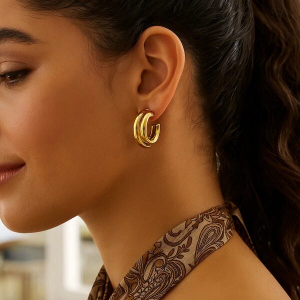 Sterling Silver Yellow Gold Plated Double Row Big and Small Round Hoop Earrings - alternate view 3