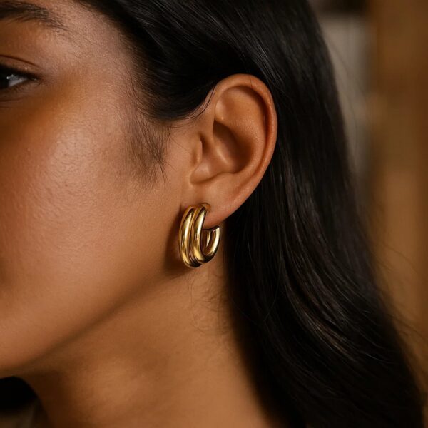 Sterling Silver Yellow Gold Plated Double Row Big and Small Round Hoop Earrings - alternate view 4