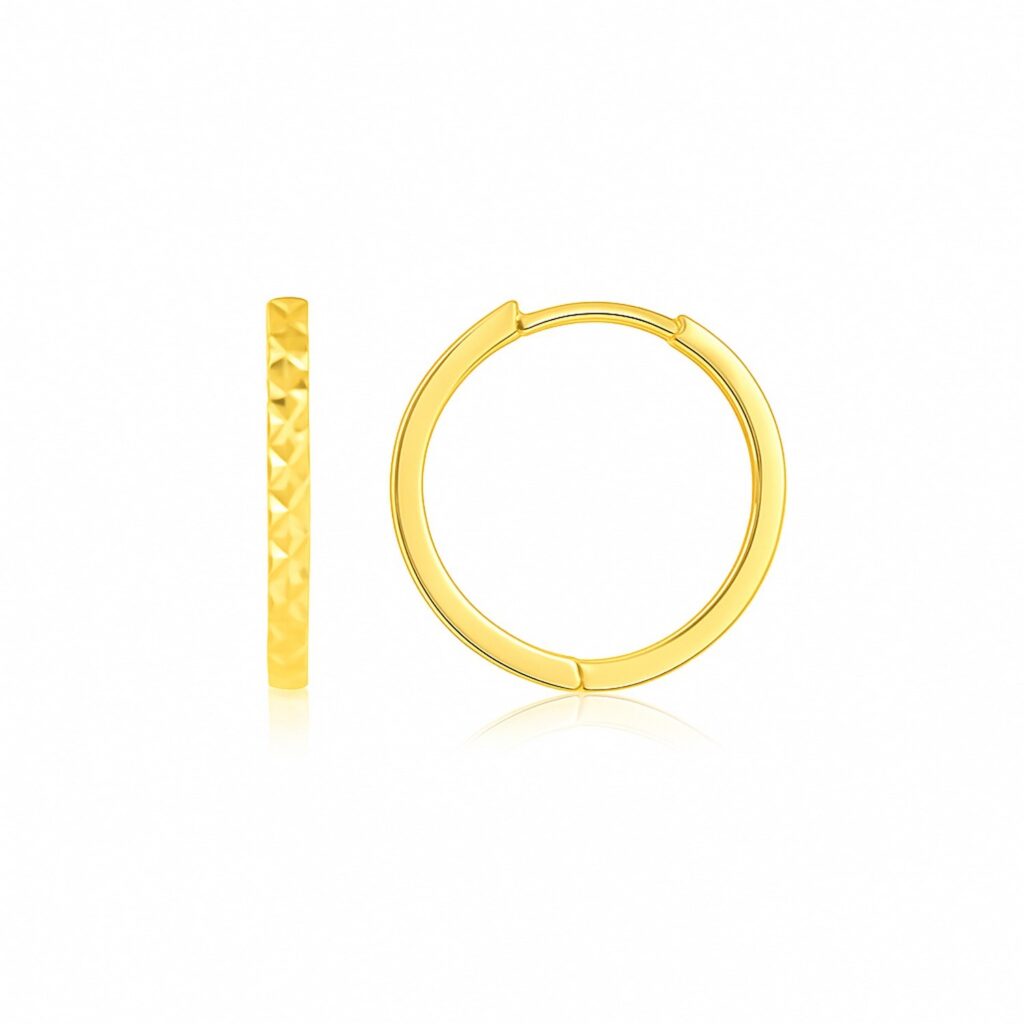 14k Yellow Gold Diamond Cut Textured Huggie Earrings