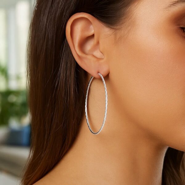 Sterling Silver Large Textured Round Hoop Earrings(1.6x70mm) - alternate view 2