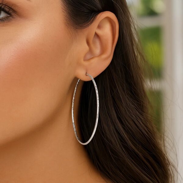 Sterling Silver Large Textured Round Hoop Earrings(1.6x70mm) - alternate view 3