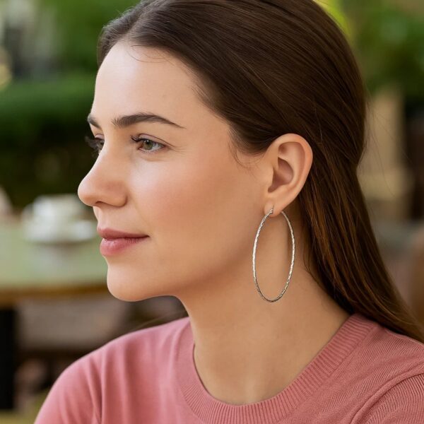 Sterling Silver Large Textured Round Hoop Earrings(1.6x70mm) - alternate view 4