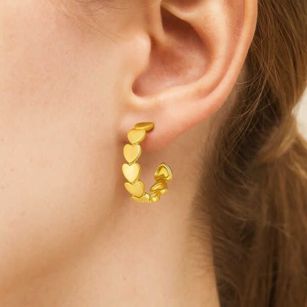 14K Yellow Gold Heart Row C Hoop Earrings - alternate view 2