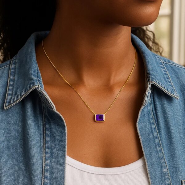 14K Yellow Gold Emerald Cut Amethyst Necklace - alternate view 3