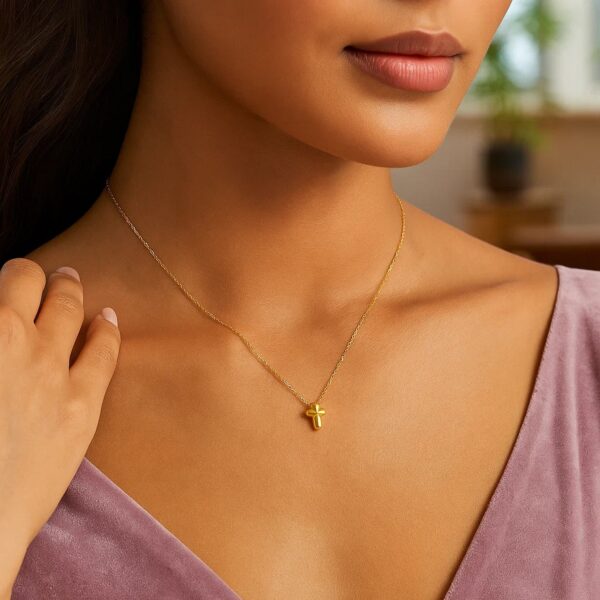 14K Yellow Gold Puffed Mini Cross Pendant Necklace - alternate view 4