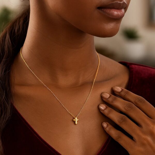 14K Yellow Gold Puffed Mini Cross Pendant Necklace - alternate view 5