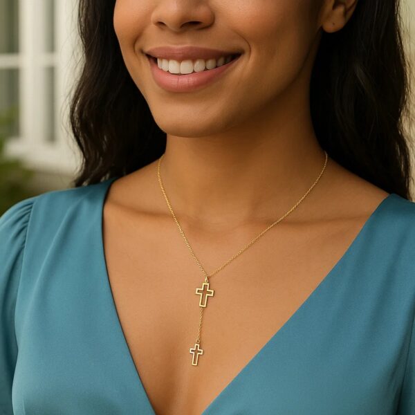 Double Cross Drop Necklace in 14K Yellow Gold - alternate view 5