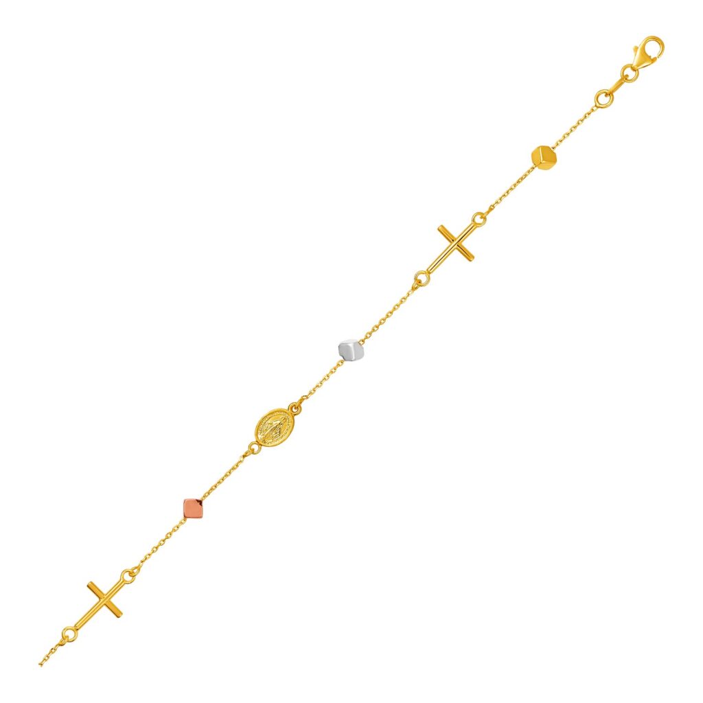 14k Tri Color Gold Bracelet with Crosses Cubes and Medallions - Tri-Color Gold