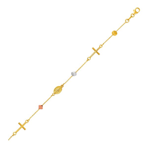 14k Tri Color Gold Bracelet with Crosses Cubes and Medallions - Tri-Color Gold