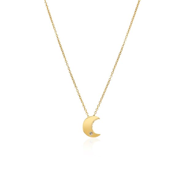 14k Yellow Gold Polished Moon Necklace with Diamond - alternate view 2