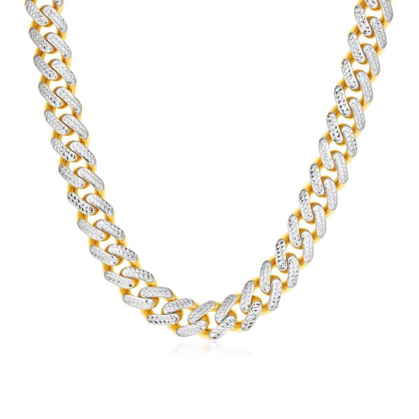 14k Two Tone Gold Miami Cuban Chain Necklace with White Pave - Two-Tone Gold