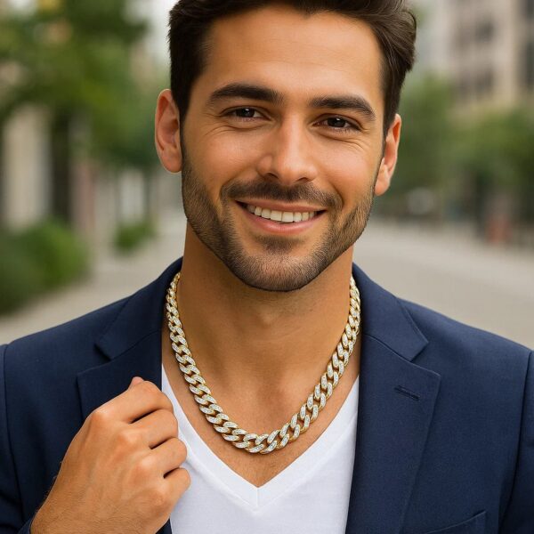 14k Two Tone Gold Miami Cuban Chain Necklace with White Pave - Two-Tone Gold - alternate view 4
